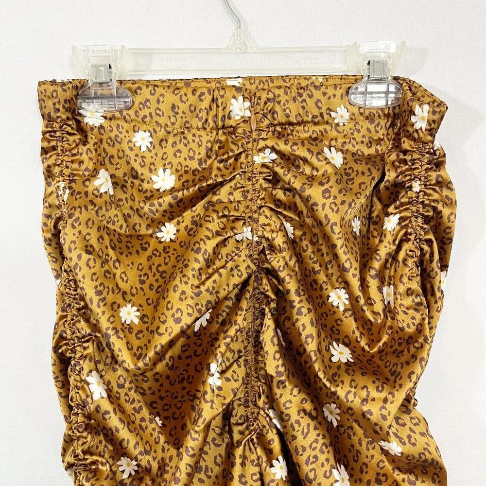 For Love & Lemons Tawney Midi Skirt Brown‎ Leopard Floral Satin Ruched - Size XS